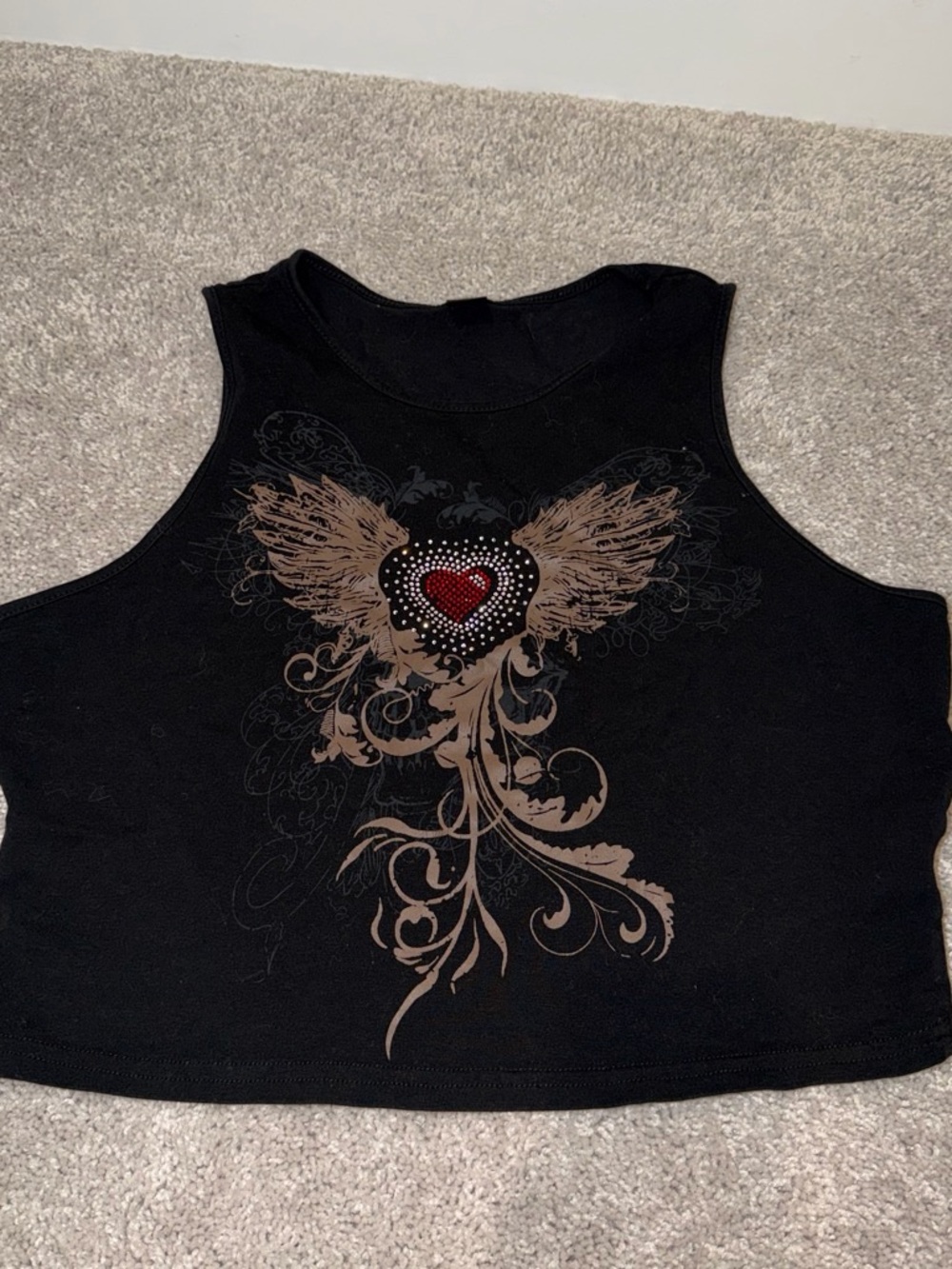 SHEIN Black Cropped Tank with Winged Heart Motif